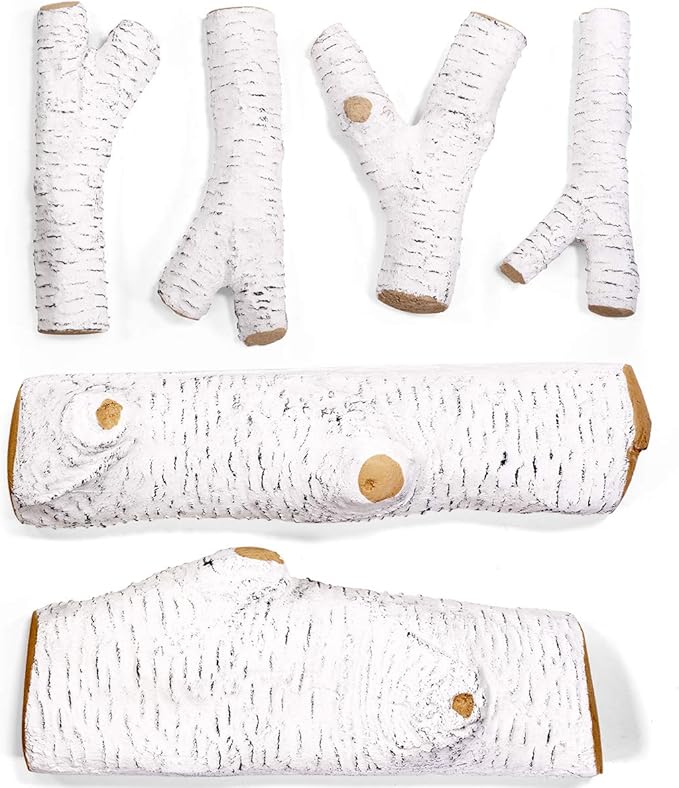 Barton 6Pc Ceramic Log Set Birch Wood Style w/Stackable Gas Heat Resistant Outdoor Indoor Fireplace Fire Wood Fake Realistic