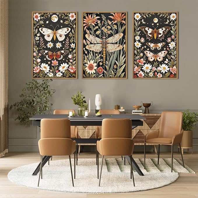 ANHUIB Extra Large Wall Art William Morris Wall Art 24x36 Inch Vintage Floral Wall Decor Butterfly Dragonfly Paintings Set of 3 for Living Room Bedroom Dining Room