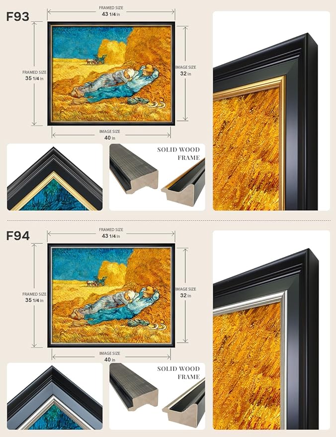 DECORARTS - Noon: Rest from Work by Vincent Van Gogh, Large Giclee Canvas Print with Solid Wood Frame, Oversized Wall Art Decor