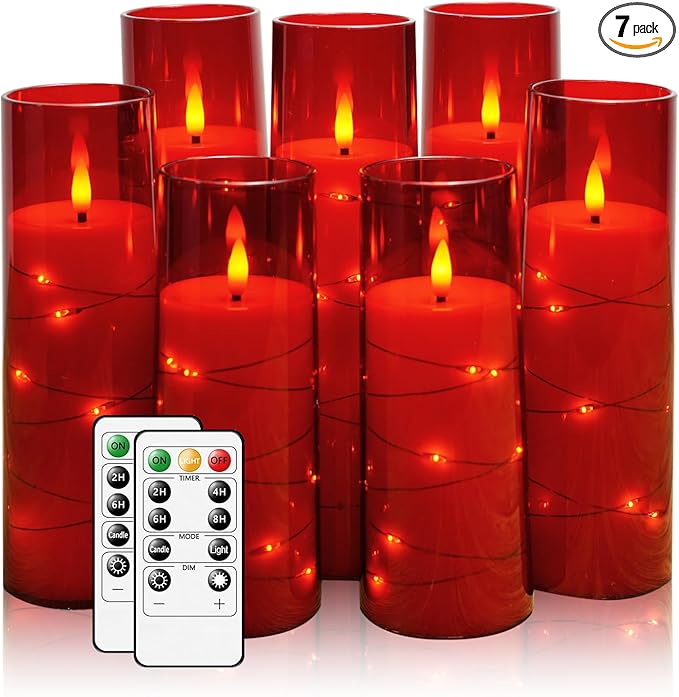 Flameless Candles,with Embedded Star String, Battery Operated Candles Flickering LED Pillar Candles with Remote Control and Timer, Home Decoration Add a Warm and Romantic Atmosphere，Set of 7 (Red)