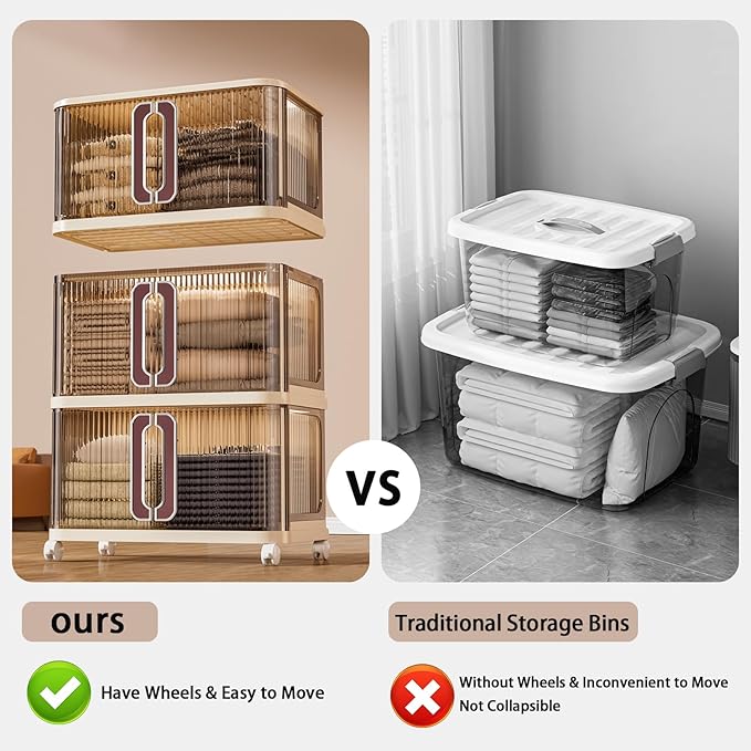 217Qt Plastic Storage Bins with Lid, Stackable Storage Bins with Wheels & Sliding Door, Collapsible Storage Box for Closet Organizers and Storage Box for Home and Office, Coffee, 4 Pack