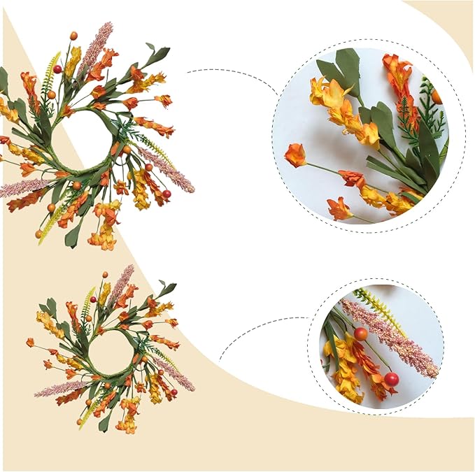 6pcs 11” Fall Mini Forsythia Flower Mini Candle Wreath for Home Decor, Set of 6 Pcs Autumn Flower Mini Wreaths Set for Closet Kitchen Fireplace, Fall Forsythia Candle Ring