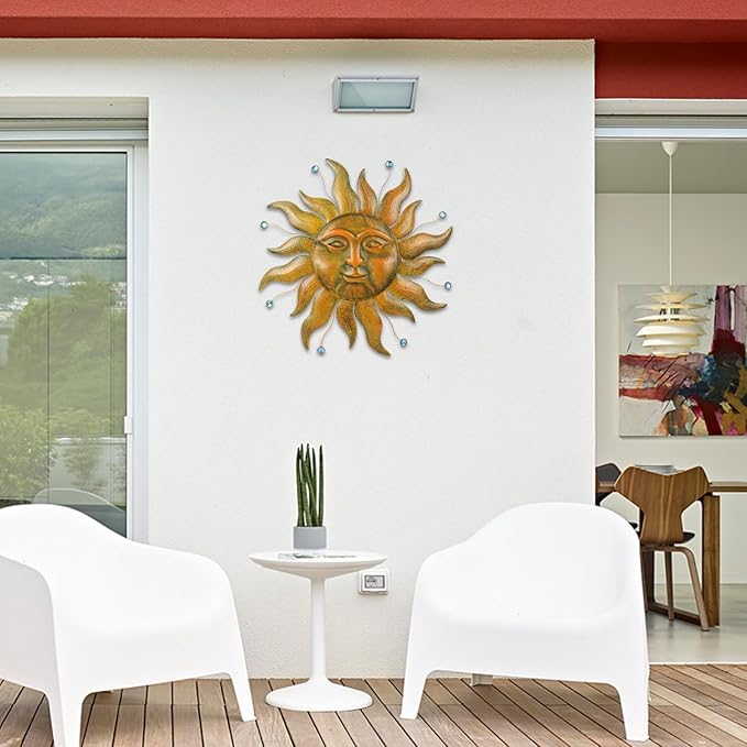 Sun Metal Wall Art, 3D Sun Face Large Wall Art for Living Room, Retro Gold Wall Hanging Decor, Brass Wall Sculptures with Blue Bead, 27 Inches Wall Decor for Garden Yard Patio Home