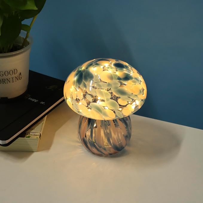 Small Glass Mushroom Table Lamp Night Light Bedside Desk Lamp for Bedroom Nightstand Light -Blue