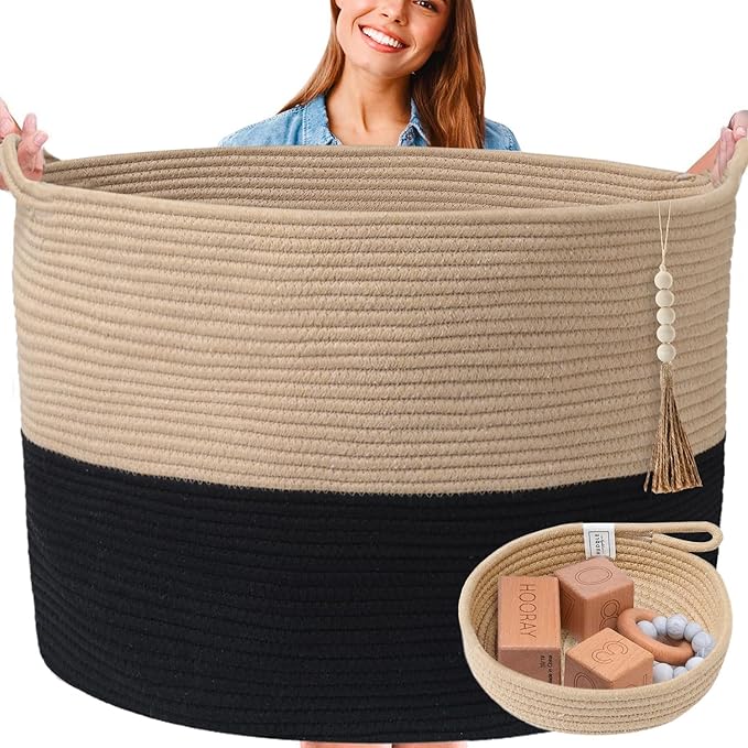 XXXXL WASHABLE Blanket Basket Living Room Boho 24" x 17" 2PCs Toy Baskets Woven Rope Basket for Blankets,Pillows,Throws,Laundry + Small Tray | Woven Storage Wicker (Black & Brown)