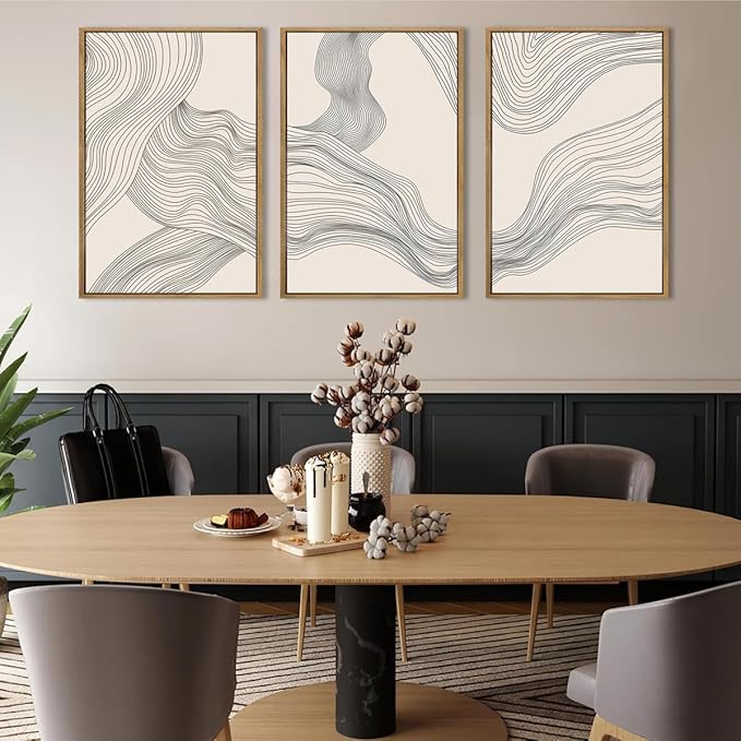 Neutral Abstract Wall Art Framed Modern Beige Wave Wall Decor for Bathroom Living Room Bedroom 16x24 Inch Set of 3
