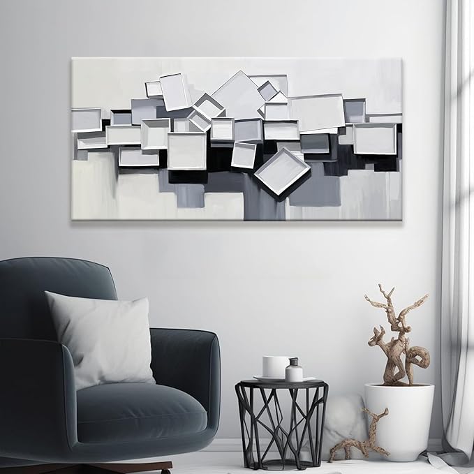 Tsomzxng Canvas Art Wall Decor Color Block Line Art Prints Grey And White Abstract Wall Art Geometric Color Block Art Painting Modern Artwork For Living Room Pictures For Bedroom 24x48 In