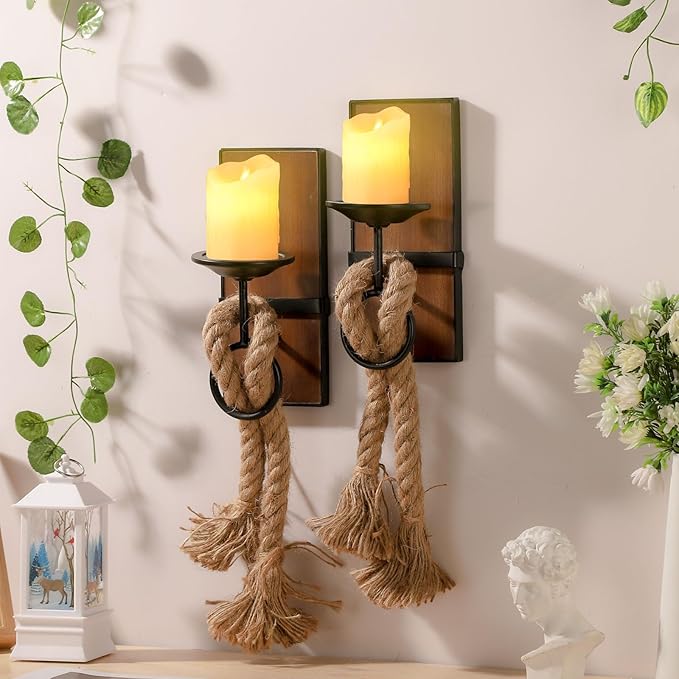 Wall Sconce Candle Holder Black Wall-Mount Metal and Wooden Candle Holders Hanging Iron Wall Candle Sconce Holder and use Hemp Rope Decoration,for Home,Living Room, Bathroom, Dining Room, Set of 2