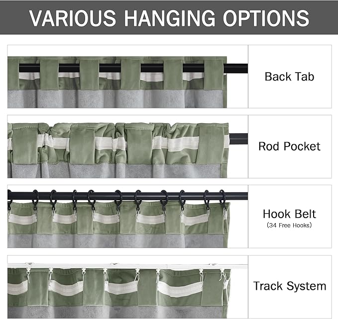 StangH Sage Green Velvet Curtains 100% Blackout Thermal Insulated Window Drapes Heavy Thick White Liner Hook Belt Back Tab Curtains for Kids Bedroom Doorway, W52 x L84, 2 Panels