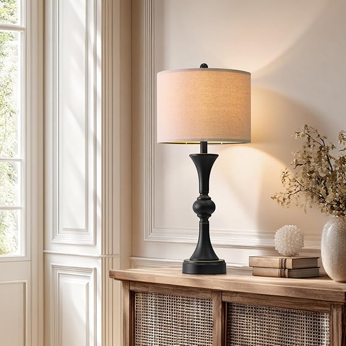 Table Lamps Set of 2, 28" Tall Bedside Table Lamp for Living Room, Bedroom, End Table Lamps with USB A+C Charging Ports, Modern Nightstand Lamps, Matte Black Finish, Farmhouse