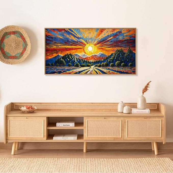 HOURIA Large Natural Mountain Forest Framed Canvas Wall Art Set,Wilderness Sunrise Wall Decor,Boho Pine Tree Square Ridge Artwork,Modern Field Art Print for Living Room, Office, Farmhouse- 20"x40"x1