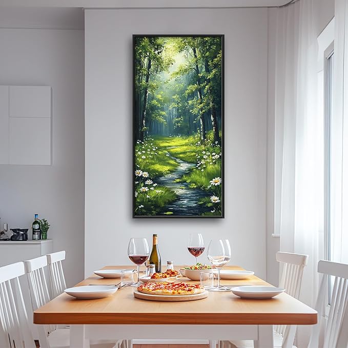 Green Forest Vertical Wall Art for Living Room, Large Tree Canvas Wall Decor, Daisy Flowers Pictures Framed Painting, Landscape Artwork for Bedroom Office Home Decor 60L'' × 30W''