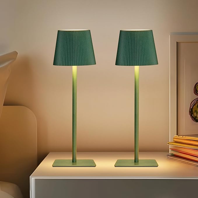 LUTEC 2 Pack Cordless Table Lamp,6000mAh Rechargeable Battery Operated Desk Lamp,Two Adjustable Heights,Waterproof, Touch Control & 3 Color Stepless Dimming for Restaurant/Bedroom/Bars/Outdoor (Green)
