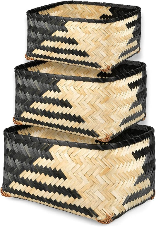 Crutello Woven Bamboo Storage Baskets, Set of 3 Black and Natural Pattern Bamboo Baskets for Storage, Organization Boho Basket, Farmhouse Basket Bins, Black Wicker Basket for Decor Living Room Pantry