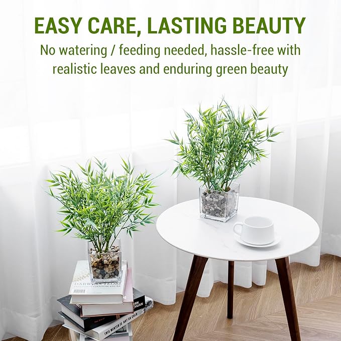 MyGift 16 Inch Tall Tabletop Artificial Bamboo Leaves Plant Potted in Clear Glass Square Pots, Indoor Faux Greenery Table Centerpiece Home Office Decor, Set of 2