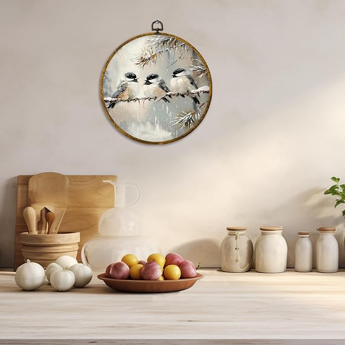CUANFDDSF Vintage Winter Bird Round Wall Art Decor, Rustic Cottagecore Bird Wall Hanging Frame Decor, Farmhouse Cozy Winter Canvas Prints Decorations for Home Bedroom Living Room, 10x10 Inch