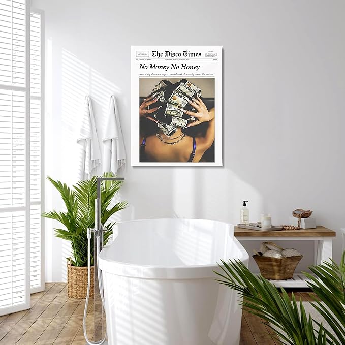 No Money No Honey Wall Art Paintings Hot Girl Love Money Newspaper Wall Decor Funky Preppy Motivational Wall Decor Picture for Home Decor Office Living Room Bathroom Aesthetic Artwork Decoration