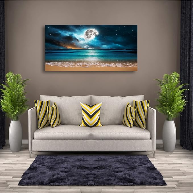 Beach Themed Wall Art Canvas Prints Seascape Picture Bathroom Décor Moon Ocean Landscape Paintings for Bedroom Dining Room Office Home Kitchen Decoration Natural Artwork 24x48 Wooden Frames