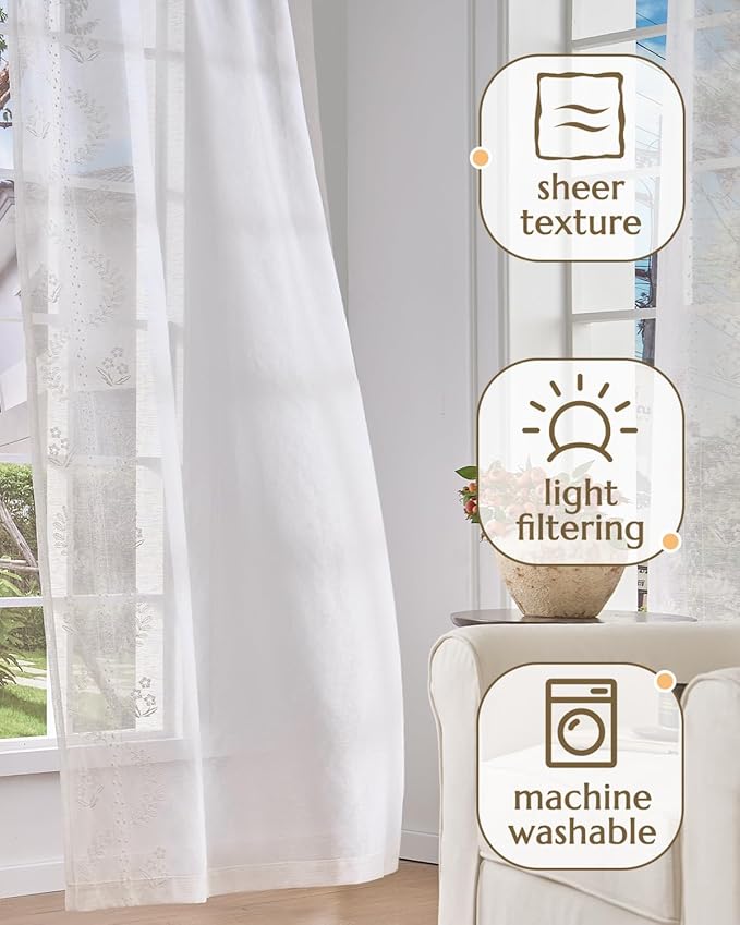 jinchan Belrose Linen Sheer Curtains for Living Room 96 Inch Length Sheer Voile Embroidered Floral Curtains for Bedroom Light Filtering Rod Pocket Window Treatments Farmhouse Decor 2 Panels White