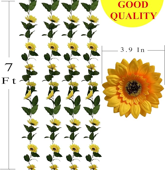 UKELER 4 Pcs Yellow Sunflower Garland Home Decorative Artificial Sunflower Vines Fake Greenery Hanging Plant Artificial Flowers for Wedding Thanksgiving Party Garden Wall Craft Art Décor