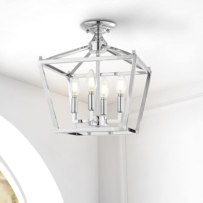 JONATHAN Y JYL7610C Plains Mini Lantern 12" 4-Light Iron Modern Farmhouse LED Flush Mount, Rustic, Industrial, Dimmable, 2700K Cozy Warm Light Kitchen, Hallway, Bathroom, Stairwell, Chrome
