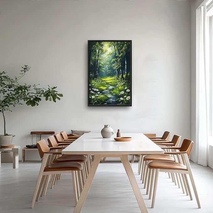 Green Forest Wall Art for Living Room, Large Tree Vertical Canvas Wall Decor, Daisy Flowers Pictures Framed Painting, Landscape Artwork for Bedroom Office Home Decor 36L'' × 24W''