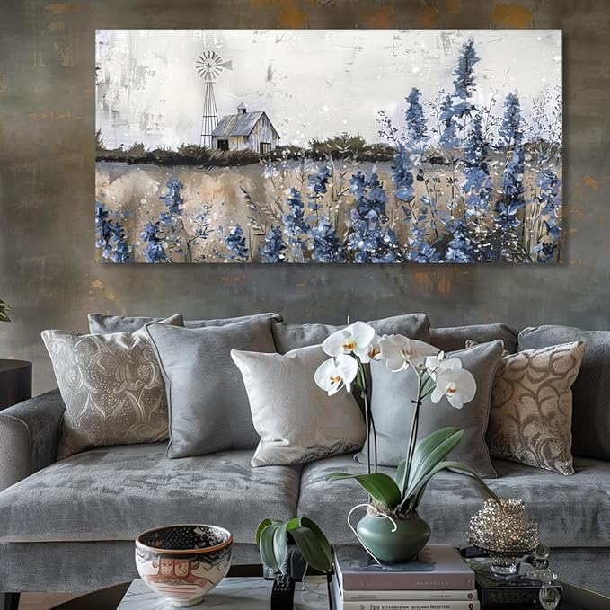 Wall Art Vintage Farmhouse Canvas Print Retro Countryside Flower Field Nature Meadow Landscape Rustic Windmill Barn Picture Framed Artwork for Home Bedroom Living Room Black Purple 48x24in