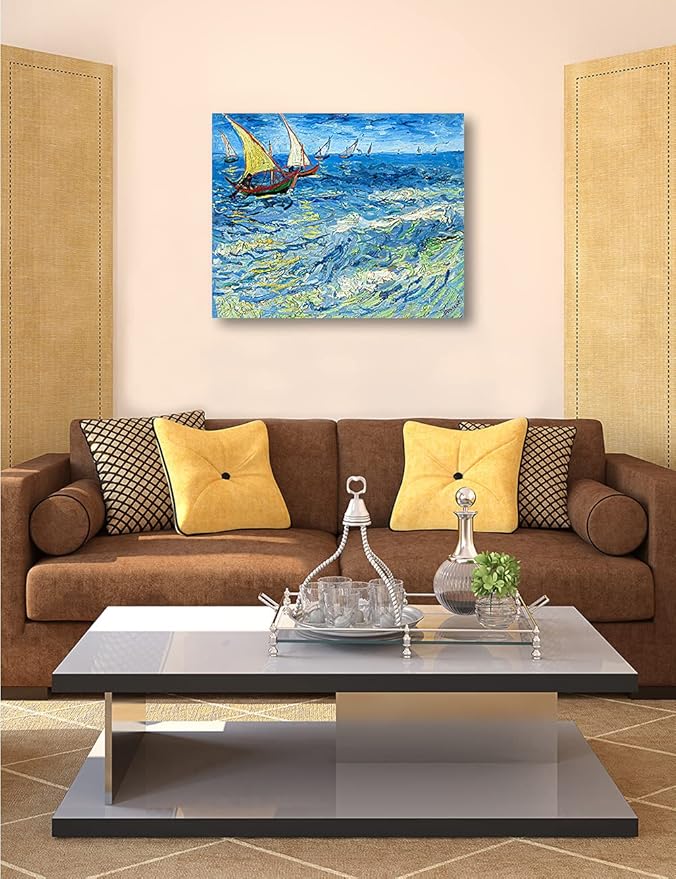 DECORARTS - Fishing Boats At Sea, Vincent Van Gogh Art Reproduction. Giclee Canvas Prints Wall Art for Home Decor 30x24