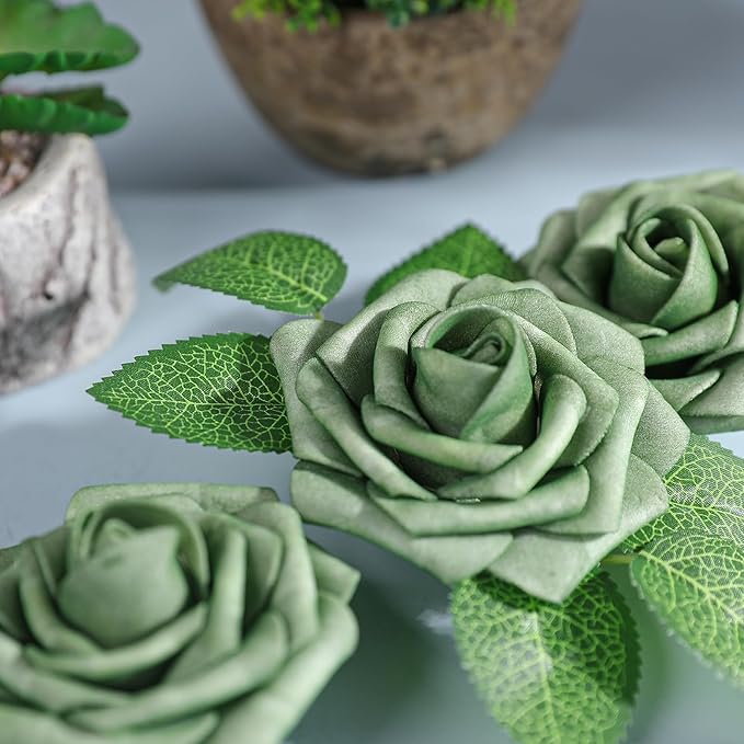 AmyHomie Artificial Flowers Green Rose 25pcs Real Looking Fake Roses w/Stem for DIY Wedding Bouquets Centerpieces Arrangements Party Baby Shower Home Decorations