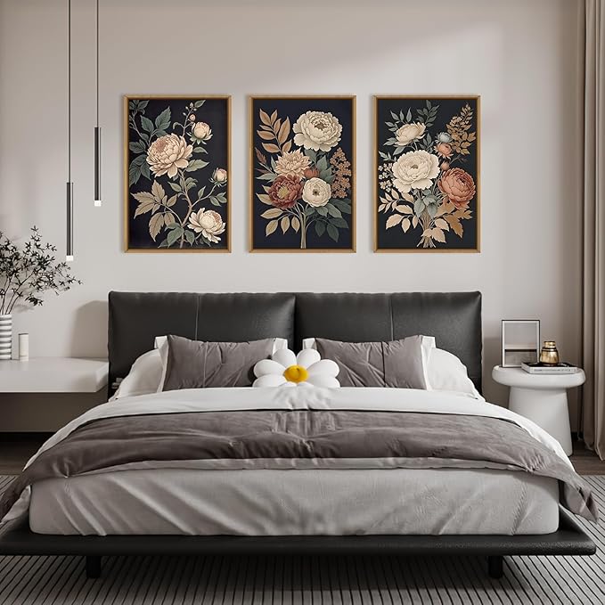 HOURIA Large Moody Dark Flower Framed Canvas Wall Art,Retro Beige Red Peony Wall Decor,Vintage Textured Blossom Botanical Artwork,Natural Wildflower Art Print for Living Room,Bedroom,Office-16 x24 x3