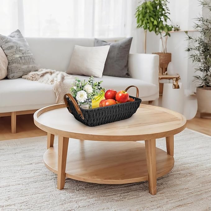 Paper Rope Woven Toilet Paper Basket, Small Wicker Storage Baskets for Organizing with Handles, Bedroom Decor Baskets Toilet Tank Shelf Storage Bins (Set of 2, Black)