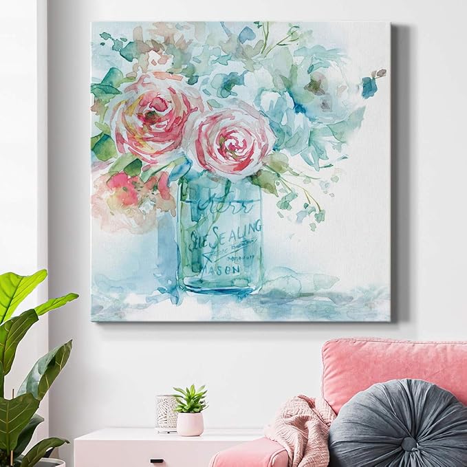 Wexford Home Square Premium Gallery Wrapped Canvas Flower Multicolor Wall Art Abstract Floral Romance Modern Pictures Print for Home Office, Ready to Hang, sea & glass I, 24x24