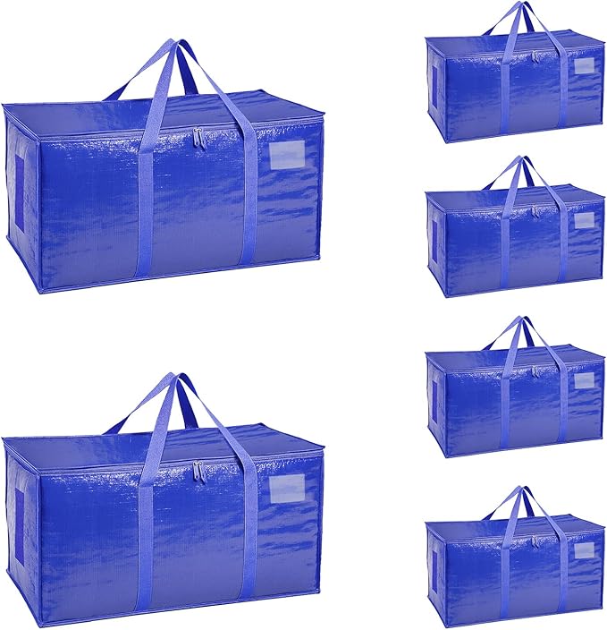 6 Pack-Extra Large Heavy Duty Moving Bags - Waterproof Storage Totes with Handles & Zippers, Foldable for College Dorm, Storage (Blue)