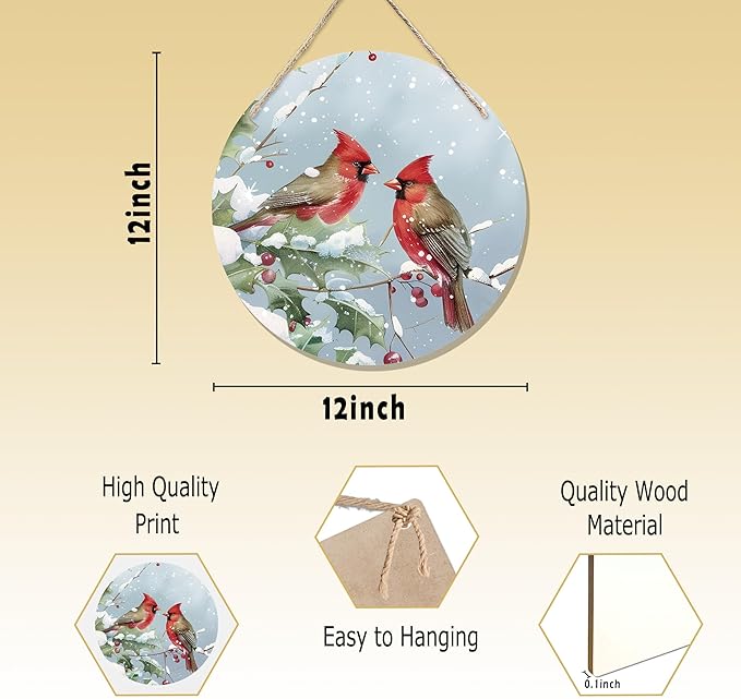 CGBHW Winter Christmas Cardinal Birds Wooden Sign, Winter Branches Berry Snowflake Snow Decoration Hanging Sign Wall Decor, Rustic Farmhouse Christmas Holiday Seasonal Wooden Sign for Home Door Decor 12 x 12 Inch