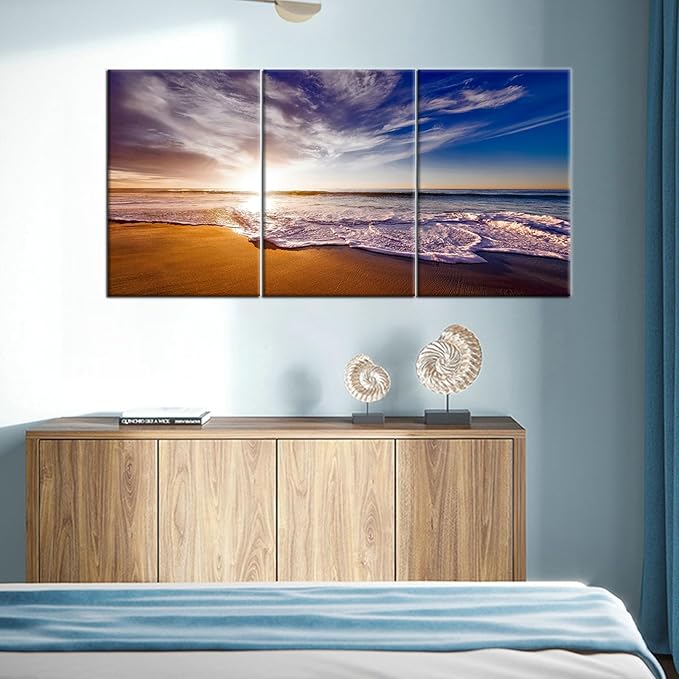 Beach Landscape Canvas Poster Wall Art Home Decor Summer Sunset 3 Pieces Picture Print Seascape Painting Artwork for Bedroom Dining Room Office Wall Decoration Stretched and Framed [48''W X 24''H]