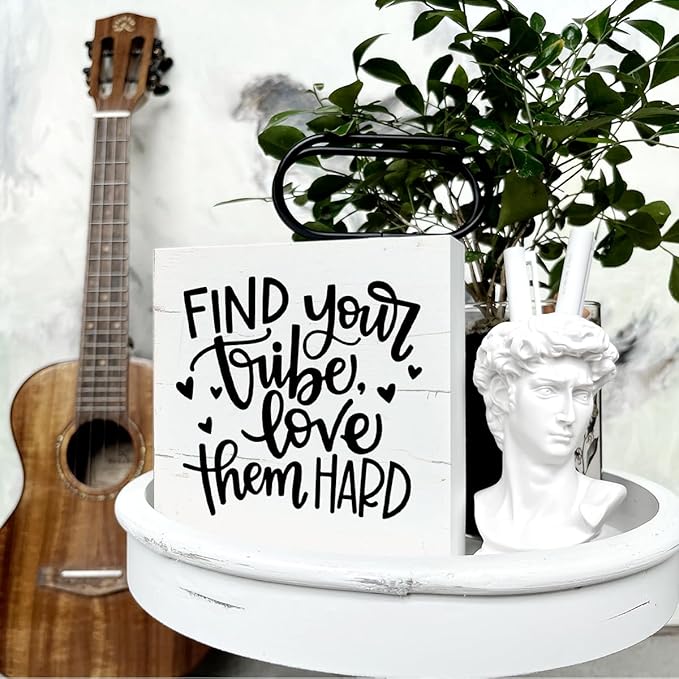 Find Your Tribe Love Them Hard Sign, Rustic Wood Sign, Modern Farmhouse Home Decor, Box Sign Tabletop Decor, Family Room Decor, Friendship Sign, Friend Gift, BFF Gift, White Wooden Box Sign