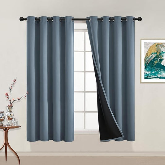 Yakamok 100% Blackout Lined Panels, Room Darkening Thermal Insulated Blackout Curtains for Bedroom, Heat Blocking Drapes for Living Room(52Wx54L, Stone Blue, 2 Panels)