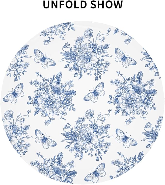 Spring Floral Tablecloth Round 60 Inch Ruitic Butterfly Table Cloth Waterproof Fabric Farmhouse Blue White Flower Tablecloths Decorative for Holiday Home Party Wedding Picnic