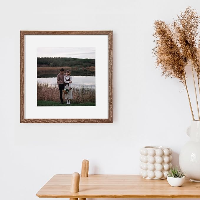 12x12 Picture Frames, Natural Oak Wood Frame 12 x 12 for Wall, 12x12 Frame Matted to 8x8, Rustic Wood Square Frame 12 by 12 with Real Glass, Walnut Color, Set of 4