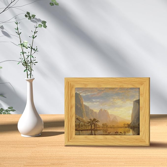 Brivoria Framed Canvas Wall Art Vintage Decor, Romantic Autumn Landscape with Golden Mountains, Deer, Lake Reflection and Canoe at Sunset for Bedroom Entryway Shelf or Tabletop Fall Display, 8"x10"