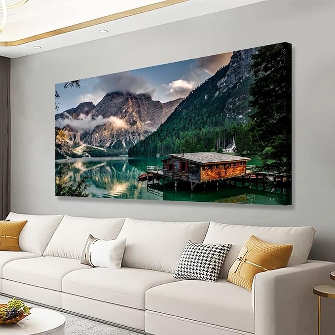 Green Lake Mountain Pictures Canvas Wall Art for Living room Bedroom Wall Decor, Mountain Wall Art Print Paitnings for home Decor,Morden Artwork House in the lake Landscape Canvas Art
