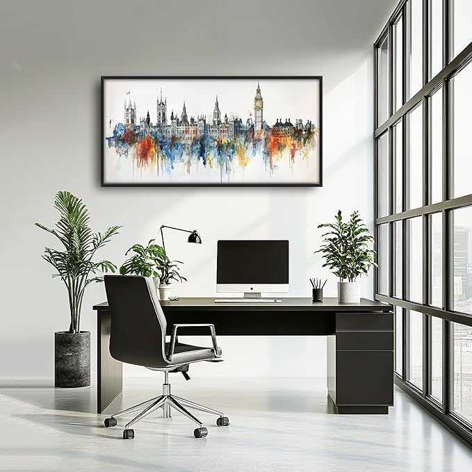 Flintis Large London Framed Wall Art Big Ben Pictures Wall Decor Abstract City Landscape Watercolor Canvas Painting Print Artworks Decor Framed for Living Room Bathroom Master Bedroom 60L X 30W