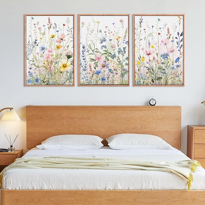 HPINUB Colorful Flower Framed Canvas Wall Art Set, Watercolor Daisy Floral Wall Decor, Wildflower Green Leaf Wall Painting, Multicolour Botanical Art Print for Living Room, Bedroom, Office - 16"x24"x3