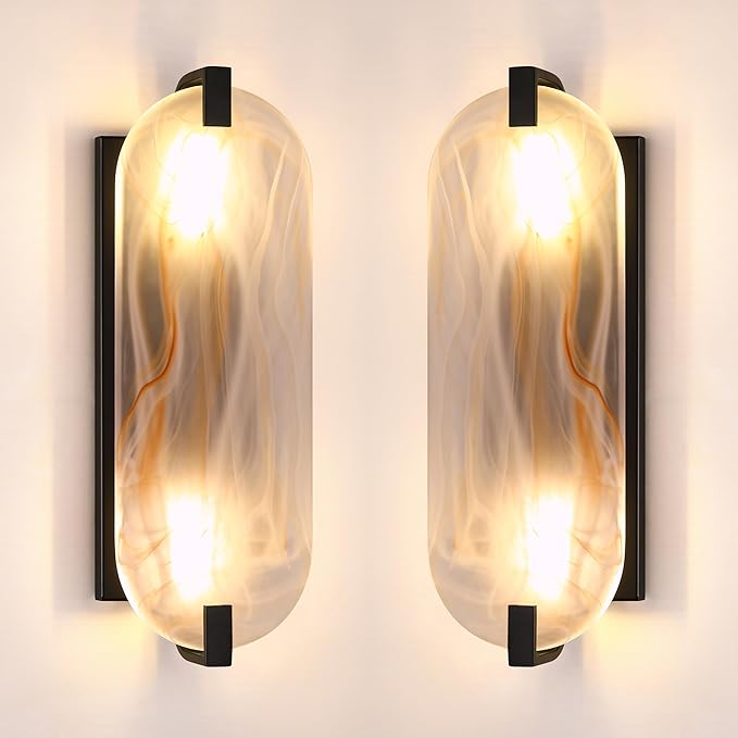 2 Pack 2 Light Oval Red Frosted Glass Bathroom Wall Sconce Modern Concise Style Wall Light Fixture,Black Finish for Bedroom Hallway Bedside