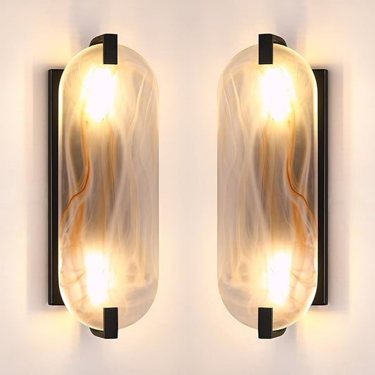 2 Pack 2 Light Oval Red Frosted Glass Bathroom Wall Sconce Modern Concise Style Wall Light Fixture,Black Finish for Bedroom Hallway Bedside