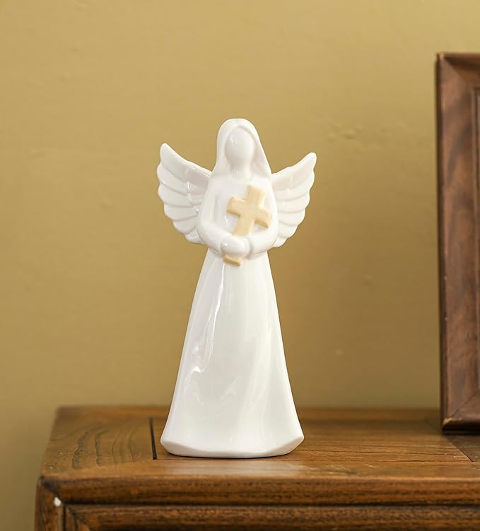 ADAVAS.Y&G Porcelain Lighted Angel Figurine Holding Cross, and Decor 7" H