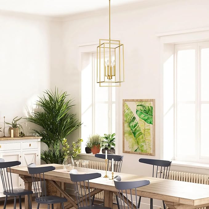 Muted Gold Chandelier Lighting Fixture with Geometric Metal Cage, 4-Light Industrial Pendant for Kitchen Island, Living Dining Room, Home Office (Gold, 24" H - 4 Lights)