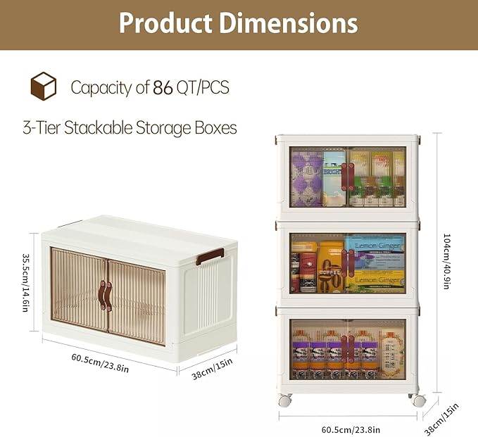 3-Tier Stackable Storage Bins with Lids & Open Front Design, Foldable Storage Bins with Wheels for Home Organization, Collapsible Space Saving Multi-Layer Storage Organizer, 86QT