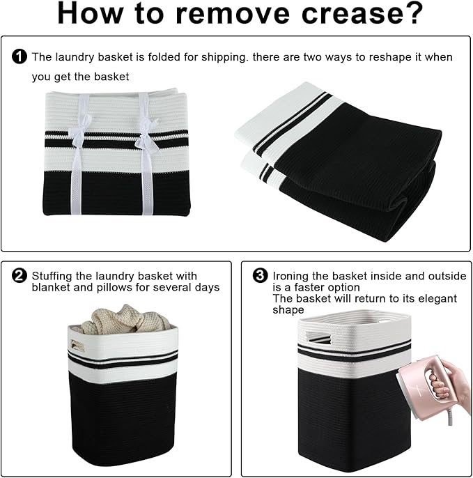 OIAHOMY 91L Laundry Hamper, XXXLarge Laundry Basket, Collapsible Cotton Rope Basket,Woven Storage Basket for Blankets,Clothes,Pillows-16x15x24-Black&white