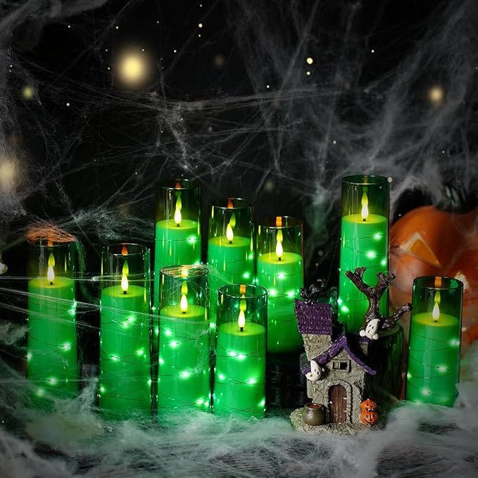 Flameless LED Candles with Timer 9 Pc Flickering Flameless Candles for Romantic Ambiance and Home Decoration Stable Acrylic Shell,with Embedded Star String，Battery Operated Candles（Green）